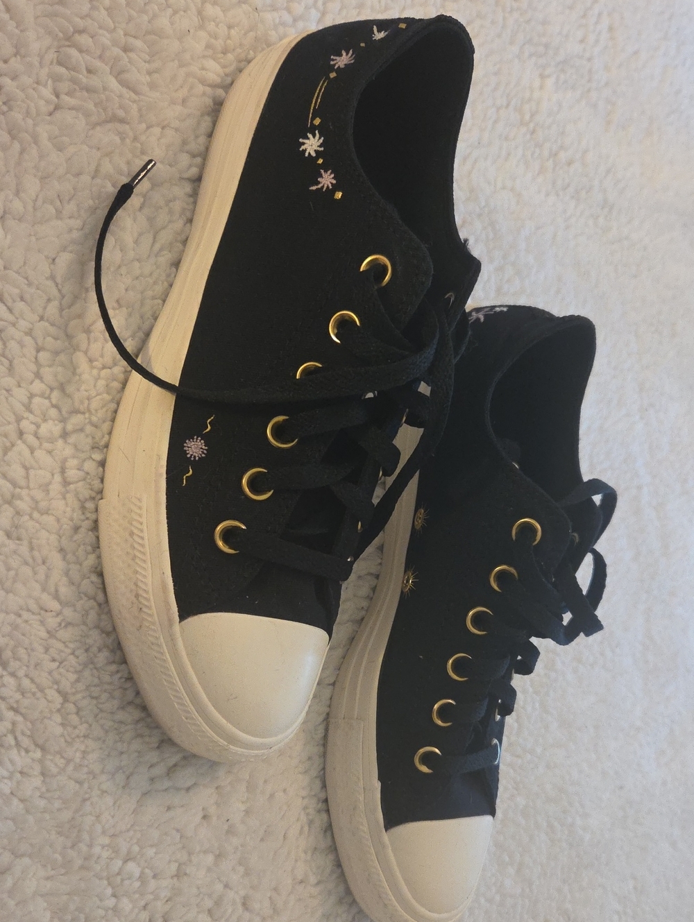 Converse Black Low-Top Sneakers with Gold Eyelets, Subtle Celestial Embroidery